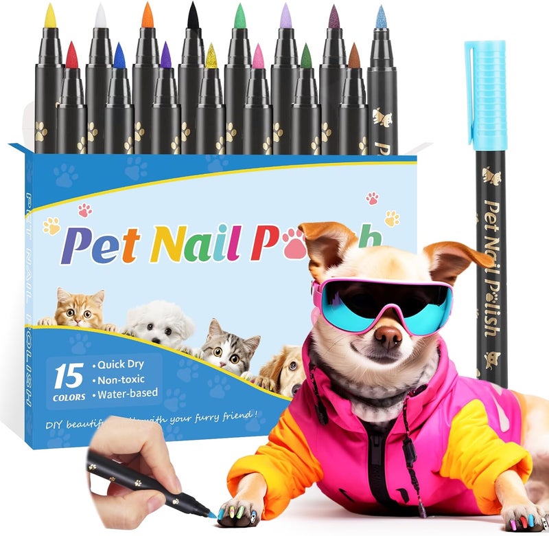 Cherocito Dog Nail Polish Pens Quick Dry, 15 Colors Safe Set for DIY Pretty Nails, Ideal Gifts for Dogs Cats Light Dark Nails, Odorless, Non-Toxic, Water-Based Pet Accessories - Image 1